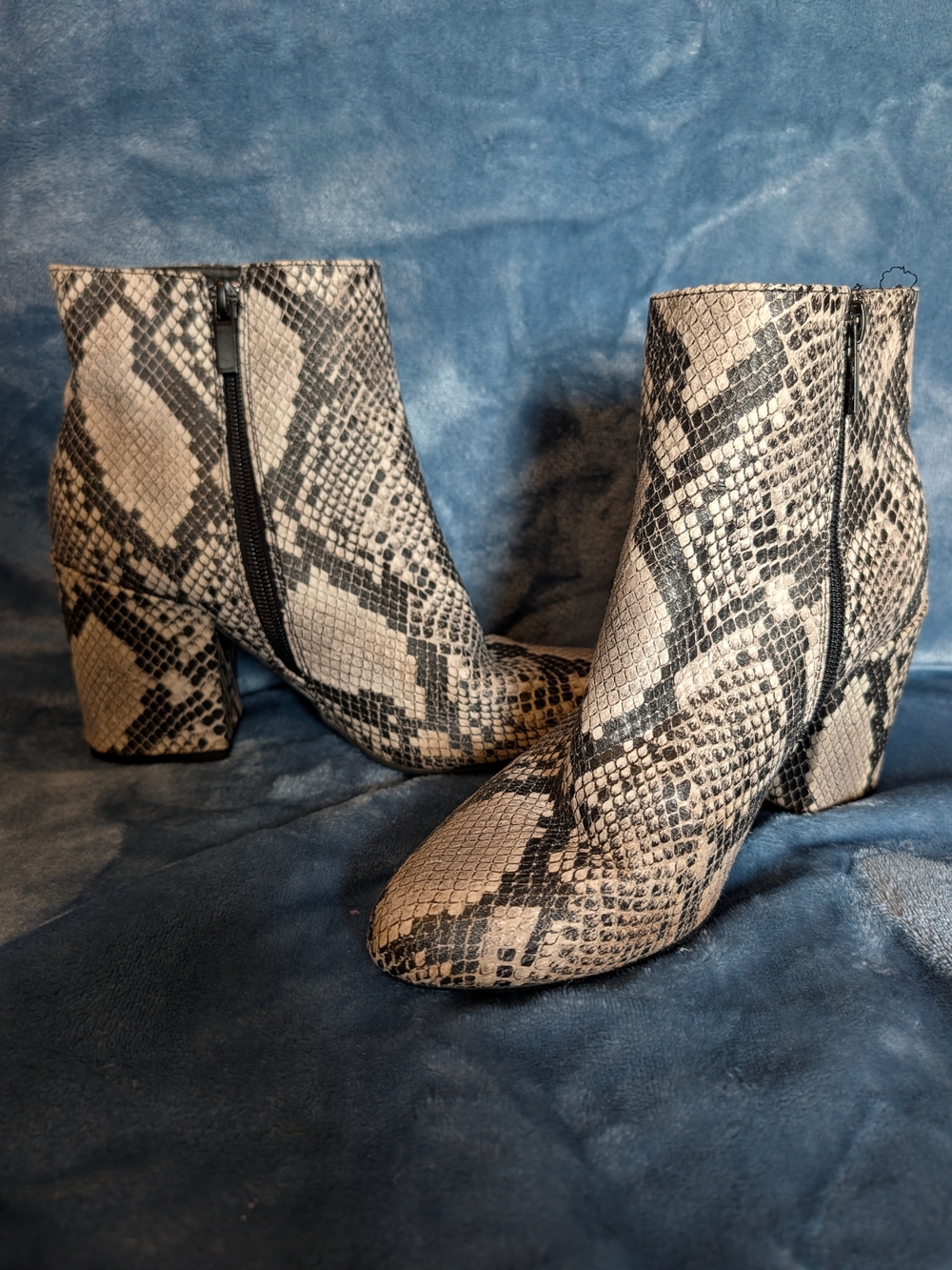 BAMBOO Snake Print Block Heel Ankle Boots - Black & Cream